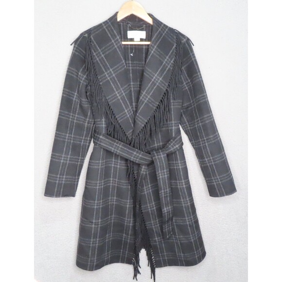 Michael Kors Fringe Belted Wrap Coat Medium Black Light Gray Plaid Wool Blend - Picture 2 of 14